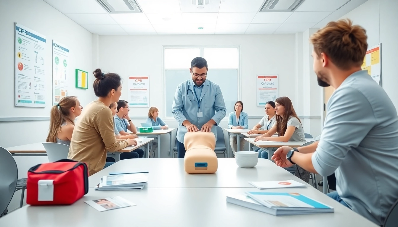 Practicing Online CPR techniques in a first aid training class with participants engaging.