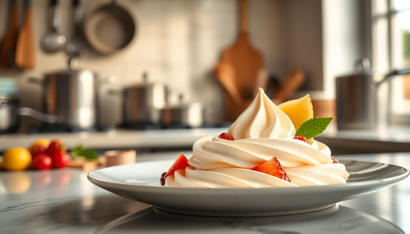 Bereid mousseline crème met een delicate textuur, prachtig gepresenteerd op een elegant bord.