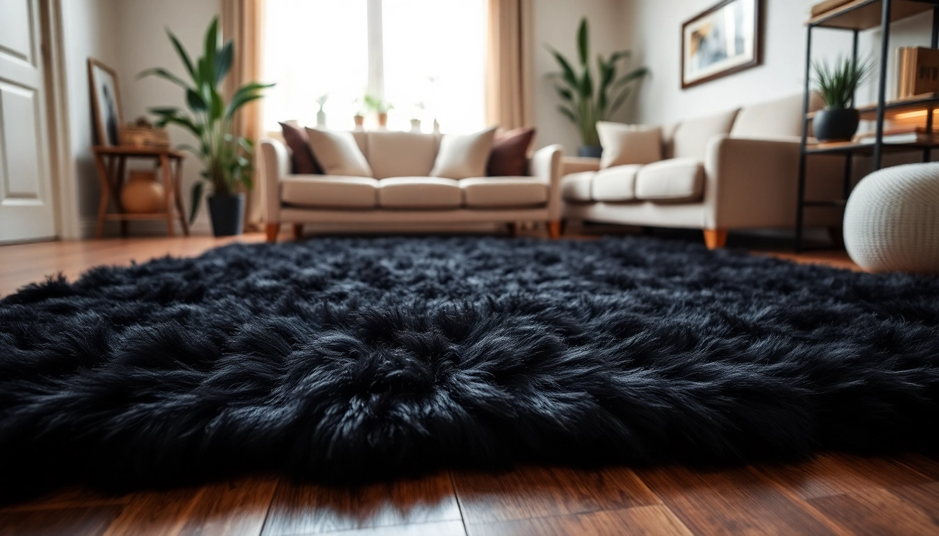 A sophisticated black sheepskin rug enhances comfort in a stylish living room setting.