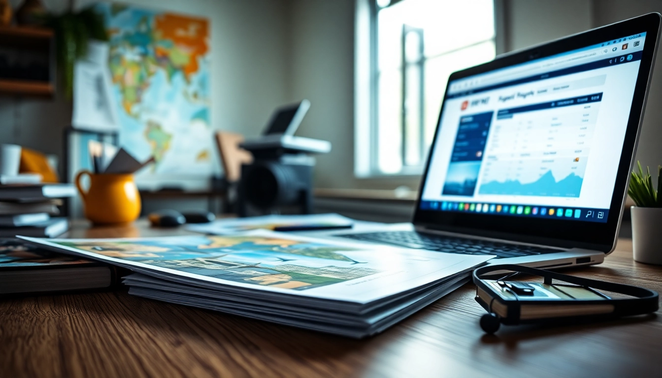 Book cheap flights using a travel planner's colorful workspace with itineraries and a laptop.