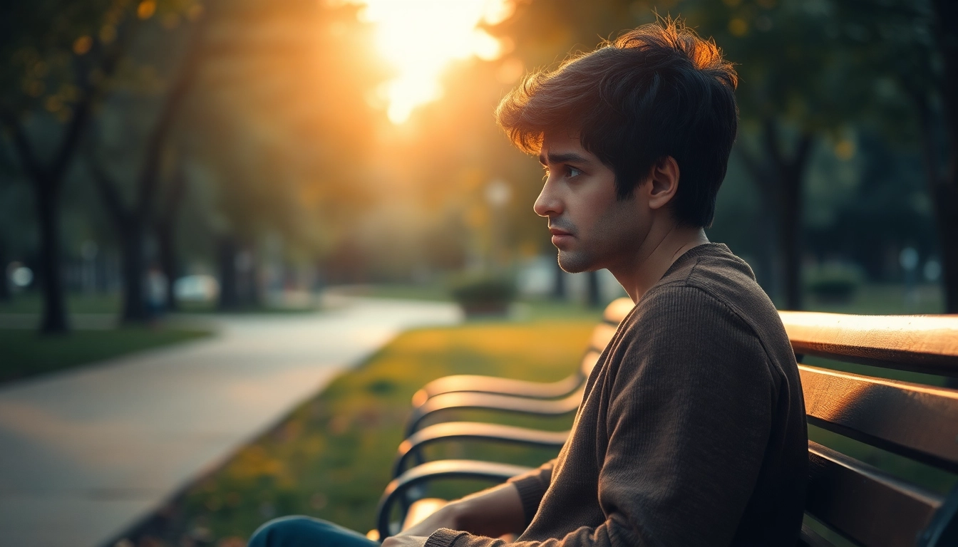 A person reflecting on their emotions during a relationship breakup while sitting on a park bench.