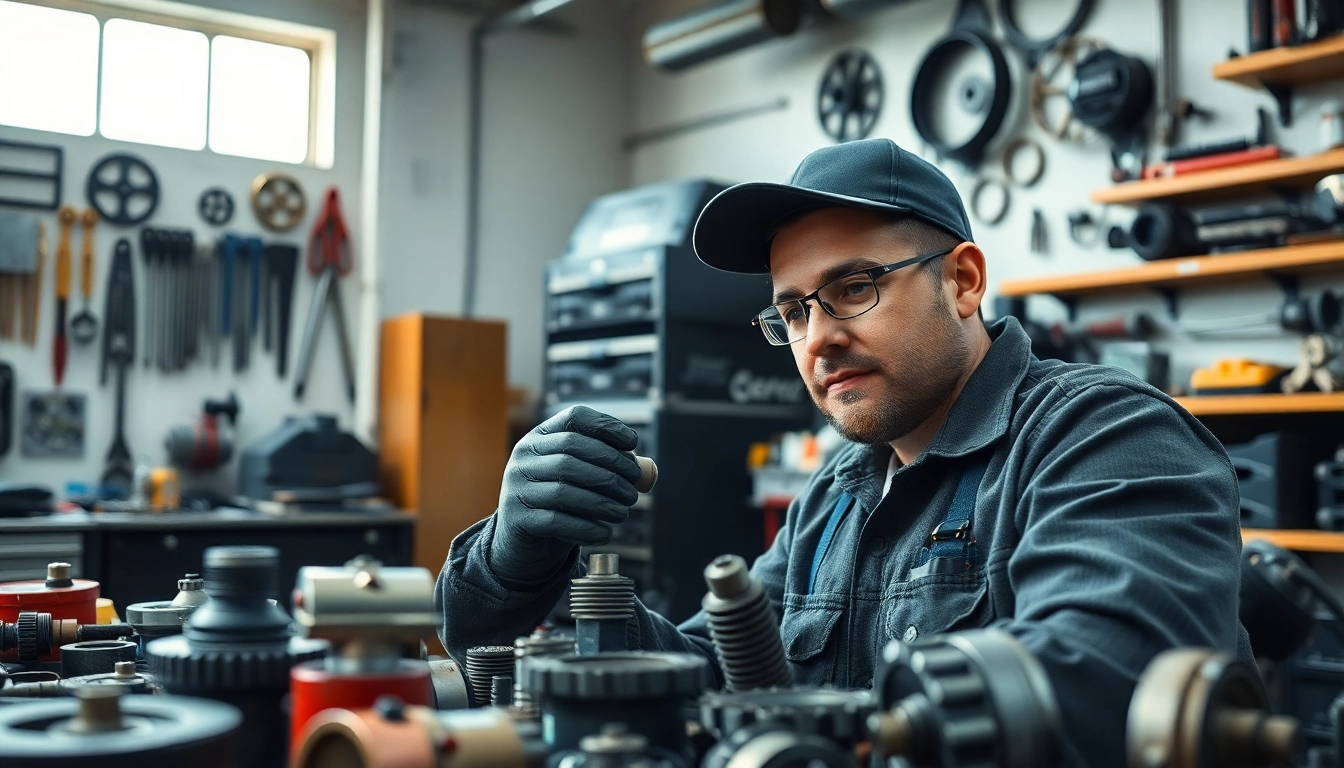 Inspecting Jerr Dan Parts in a well-lit workshop with organized tools and components.