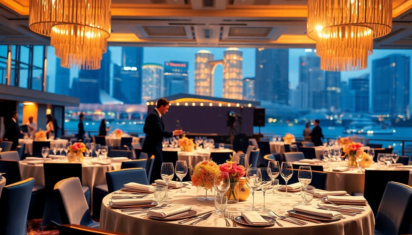 Event planning scene showcasing a Singapore event company with stylish arrangements and a vibrant skyline.