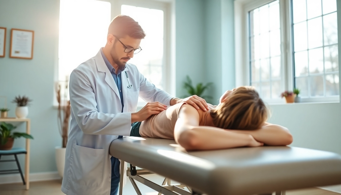 Chiropractor adjusting a patient in a calming clinic environment for wellness and pain relief.