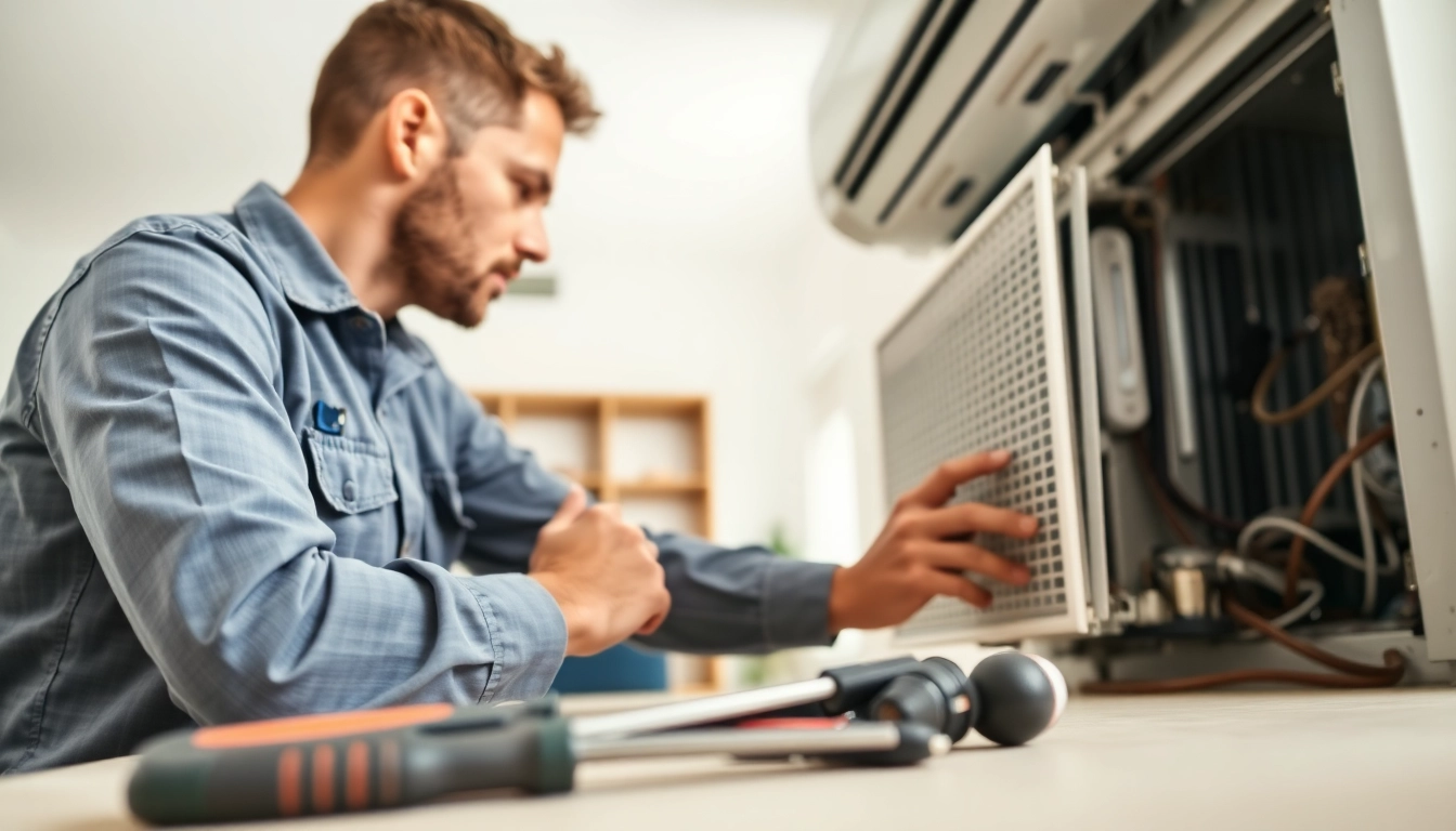 Repair-Hvac technician expertly fixing an air conditioning unit in a home setting.