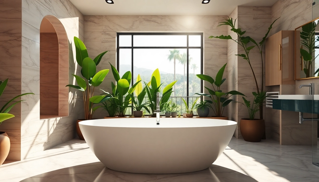 Elegant bathroom remodeling Palm Springs featuring a freestanding bathtub and vibrant decor.