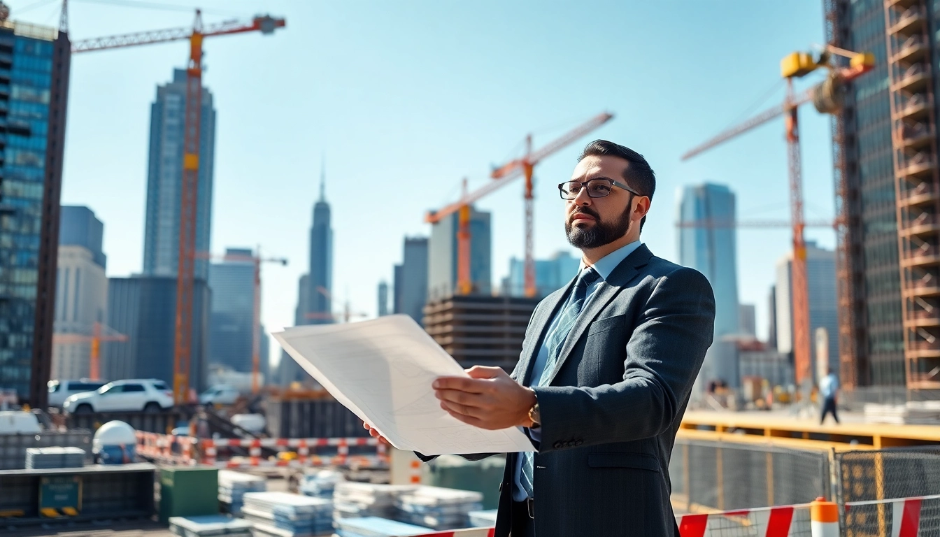New York Construction Manager inspecting blueprints on a busy construction site with cranes in view.