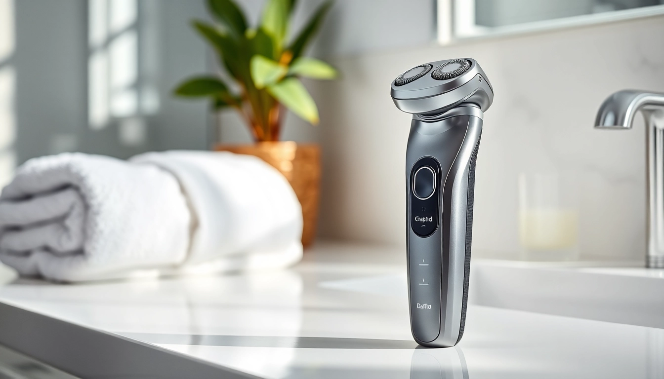 Electric Shaver for Sensitive Skin showcased on a bathroom countertop with a sleek design.
