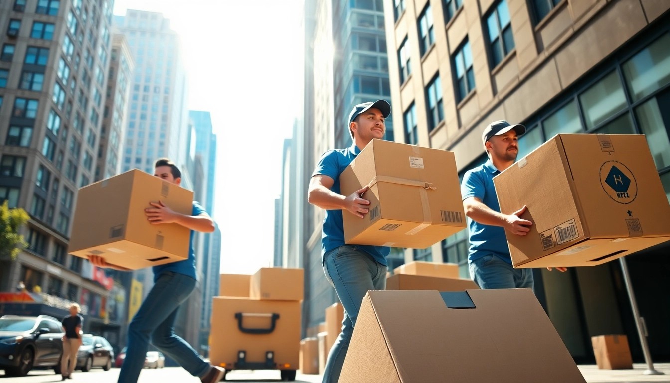 NYC movers efficiently carrying boxes during a busy urban relocation in New York City.