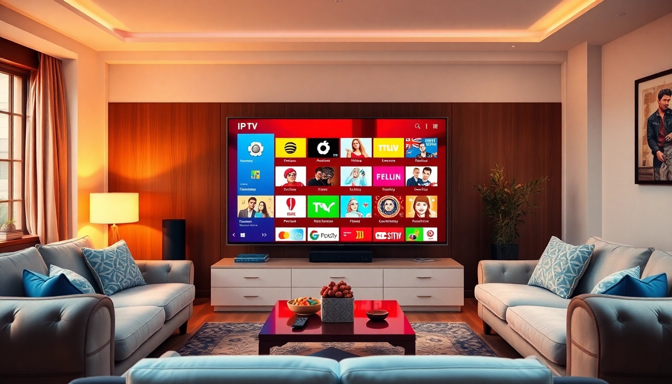 Visualisez un Abonnement iptv sur un écran moderne avec une ambiance cosy et des couleurs vives.