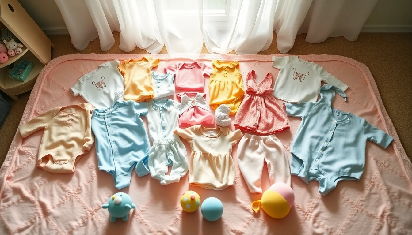 Showcase adorable baby clothes in a bright nursery setting, emphasizing comfort and style.