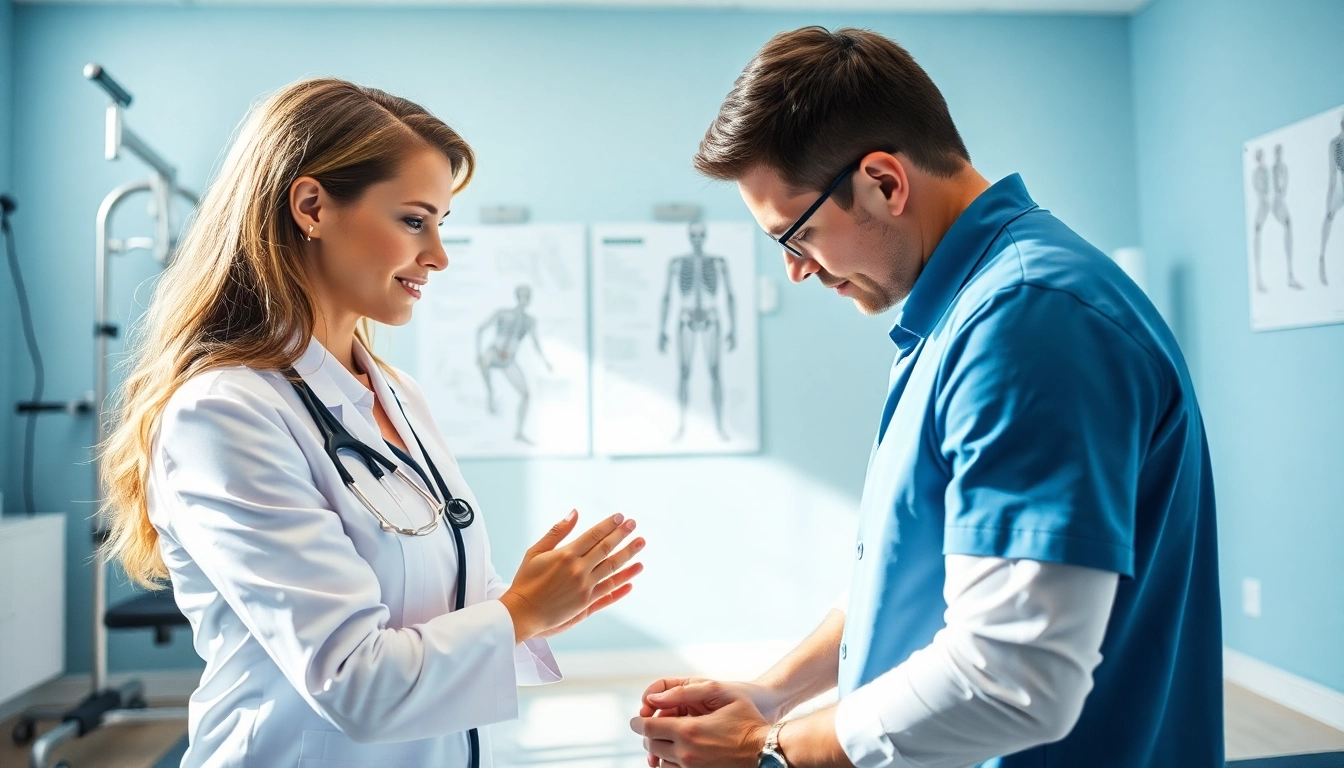 Showcasing Surrey physio, a professional physiotherapist helps a patient in a modern clinic.