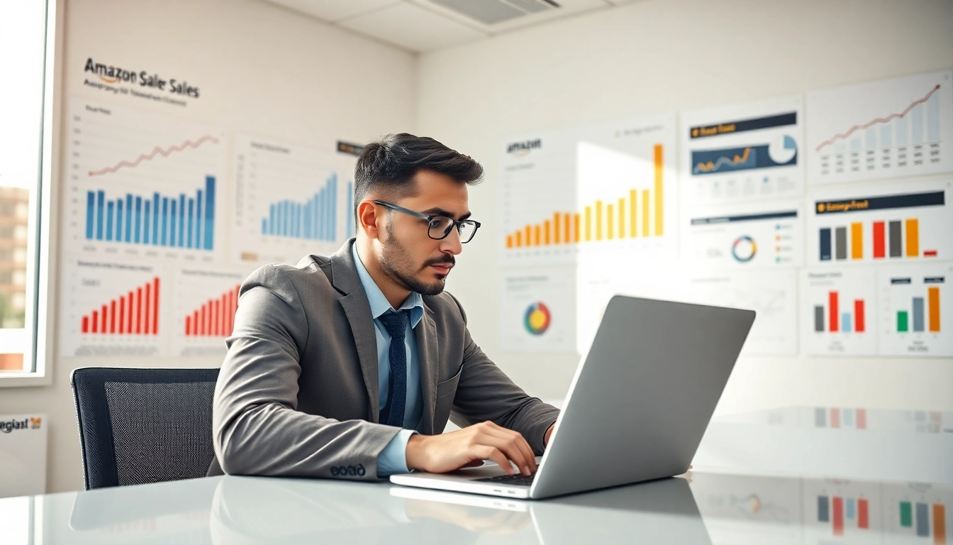 Selling wholesale on amazon with a businessperson analyzing market trends in a bright office.