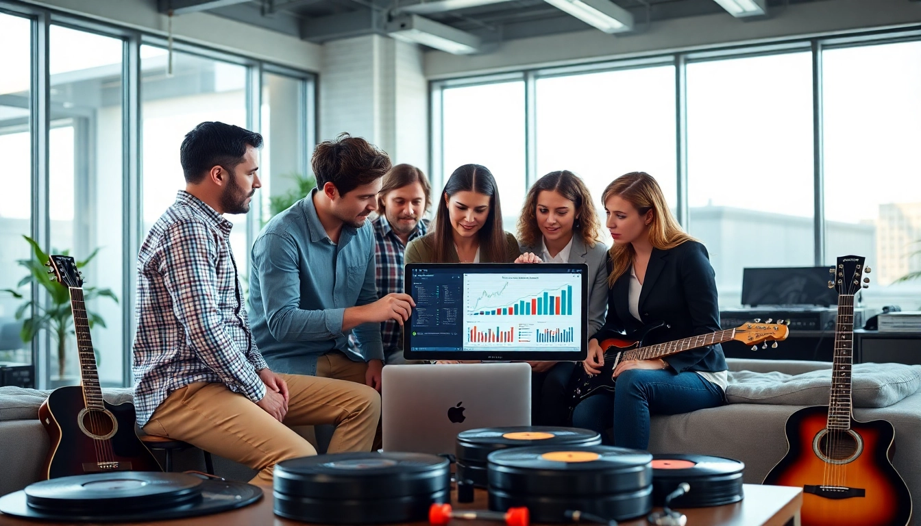 Showcasing the best music pr company collaborating in a professional environment.