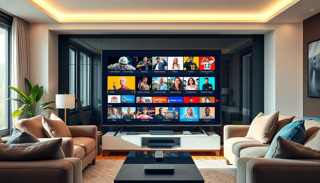 Abonnement iptv dans un salon moderne avec un téléviseur intelligent et des chaînes variées.