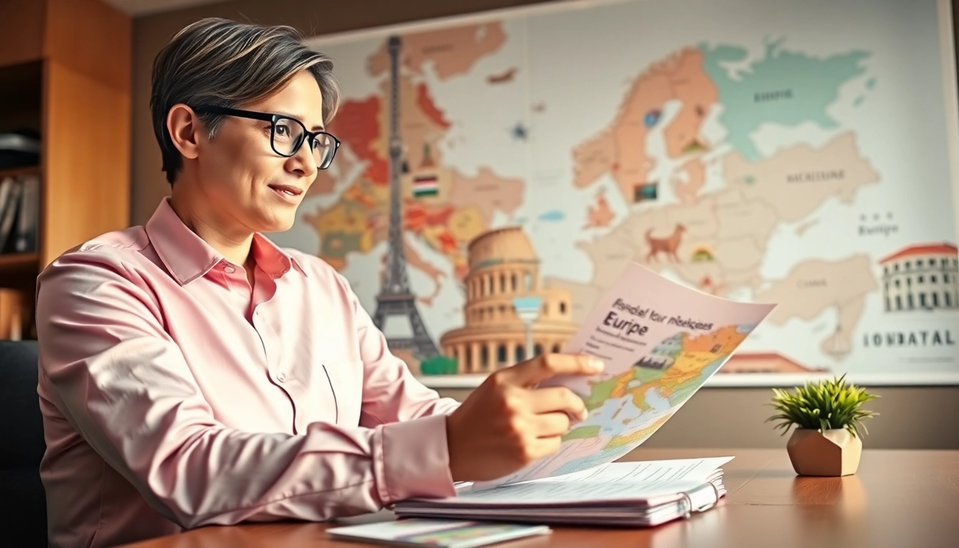 Book your europe tour package from malaysia with expert advice at a stylish travel planner's desk.