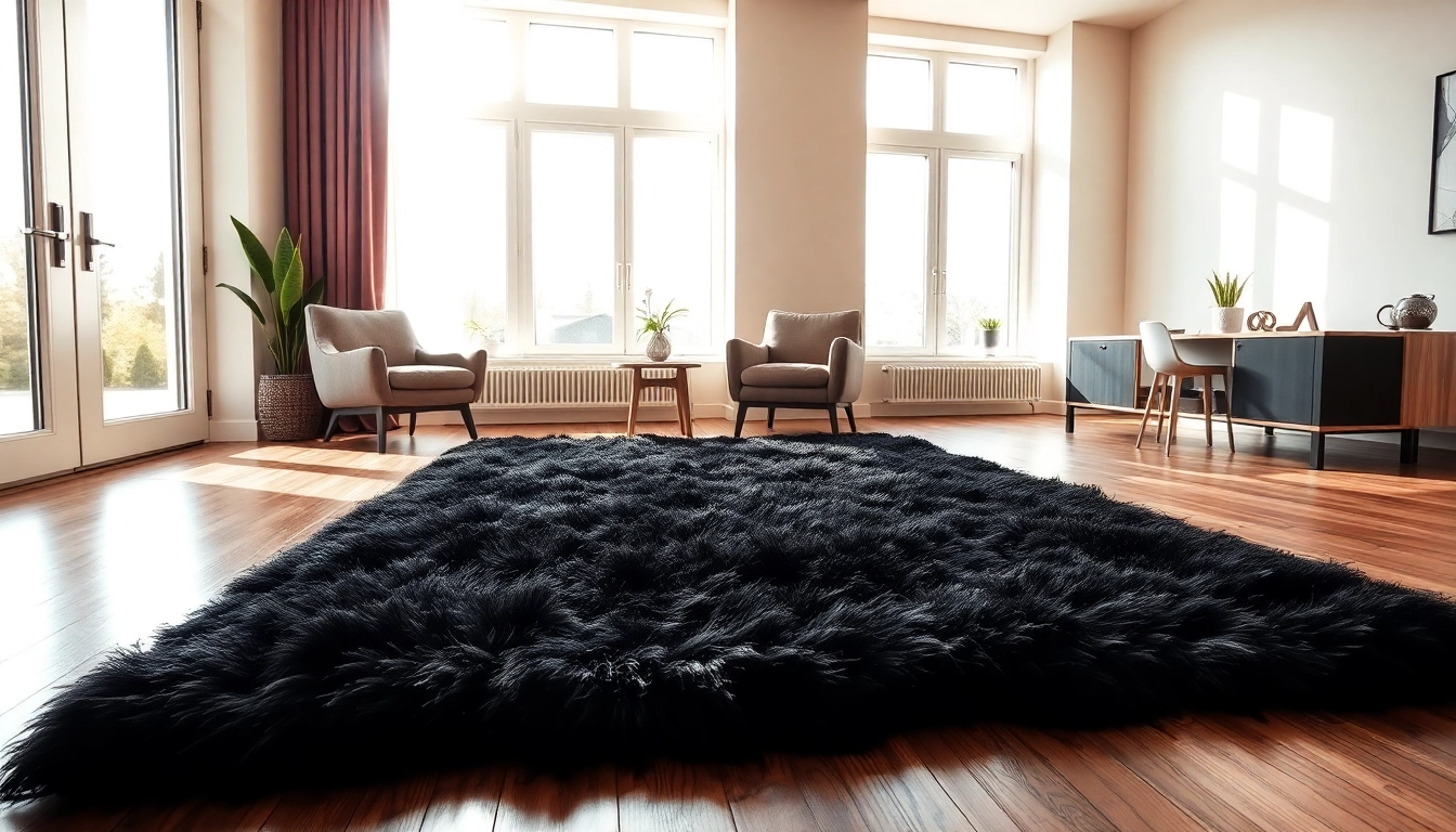 Highlighting a plush black sheepskin rug enhancing a cozy modern living room decor.