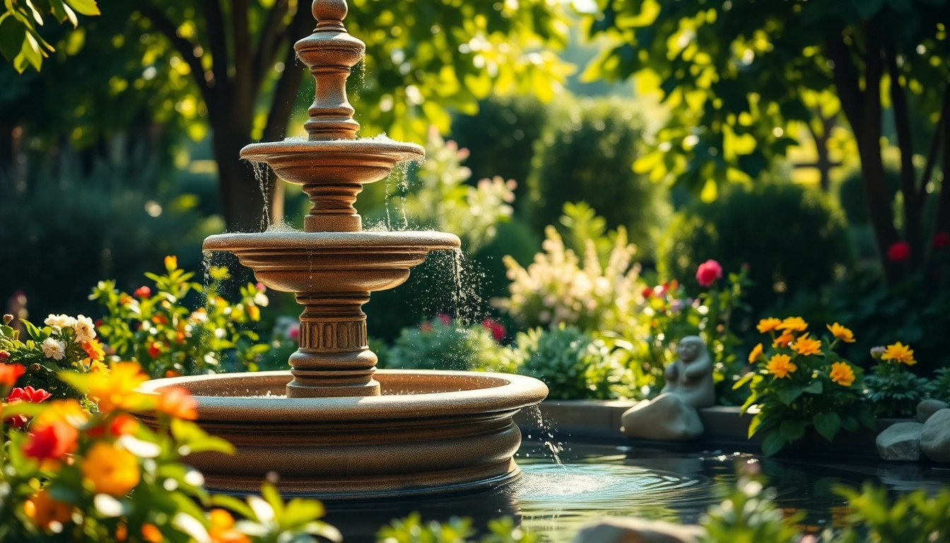Décoration de fontaine dans un jardin, avec des fleurs et un doux éclairage naturel