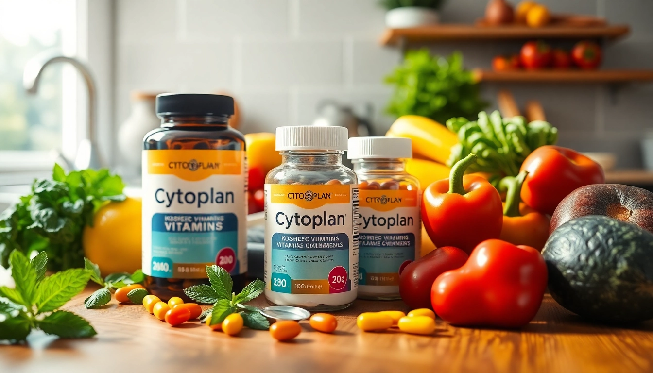 Cytoplan kosher vitamins displayed attractively among fresh produce, promoting a healthy lifestyle.