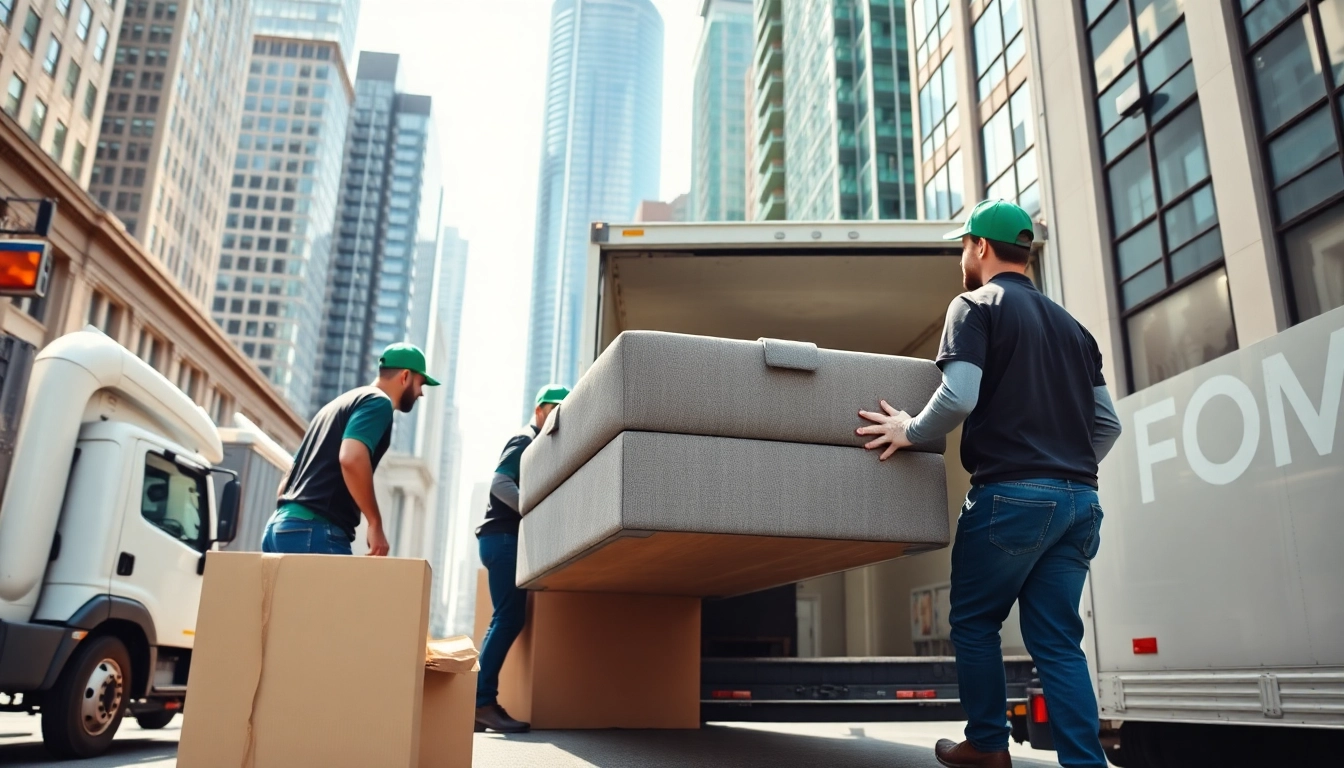 Engaged movers showcasing Toronto moving services while loading furniture onto a truck in an urban setting.