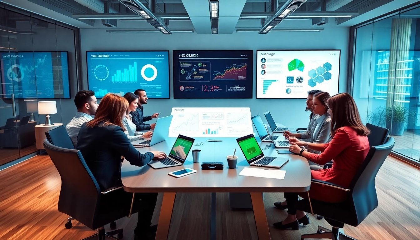 Engaging team collaborating on web design and SEO services in a modern office.