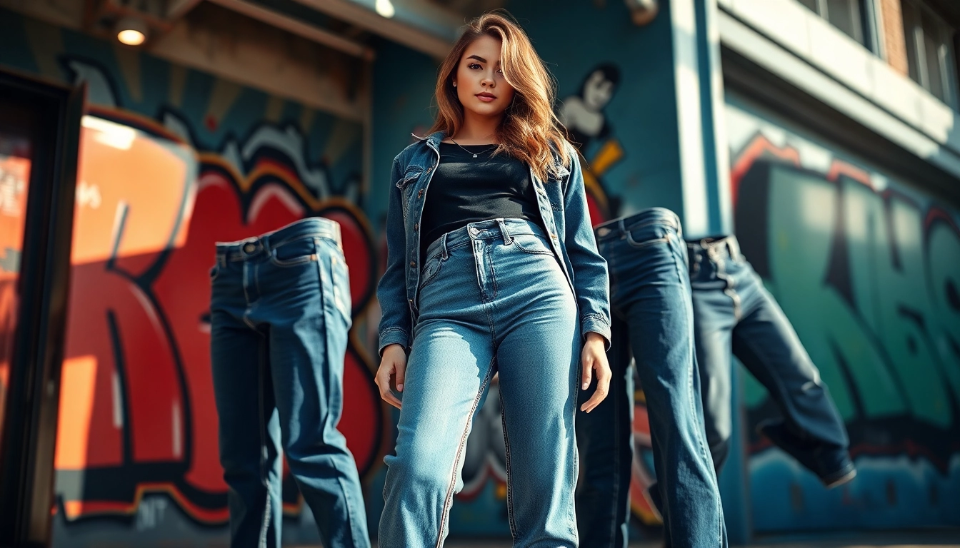 Showcase of stylish jeans by wholesale jeans manufacturers in an urban setting.