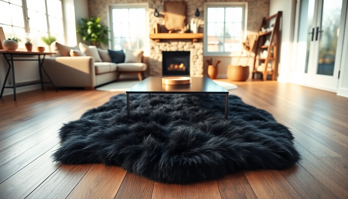 Enhance your living space with a stunning black sheepskin rug, perfect for a cozy ambiance.