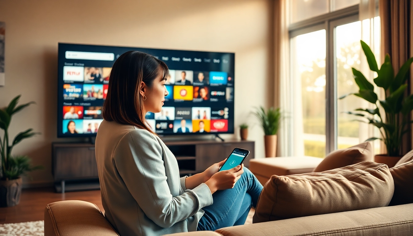 A woman exploring Abonnement iptv options in a cozy living room with natural light.