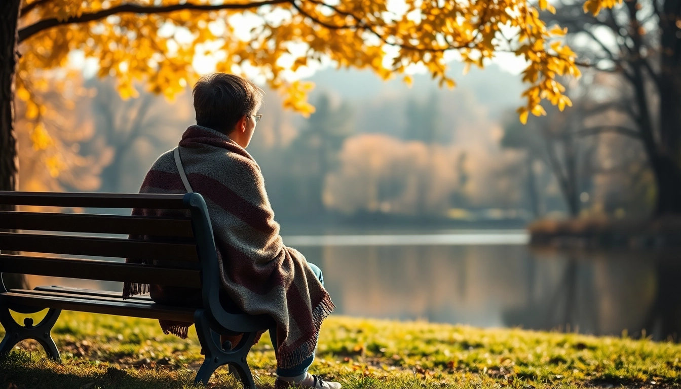 Individual finding solace while dealing with grief near a tranquil lake, surrounded by nature.
