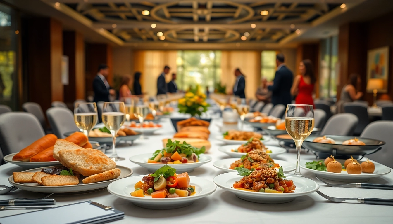 Hamilton Ontario catering for conferences featuring an elegant corporate setup with gourmet food.