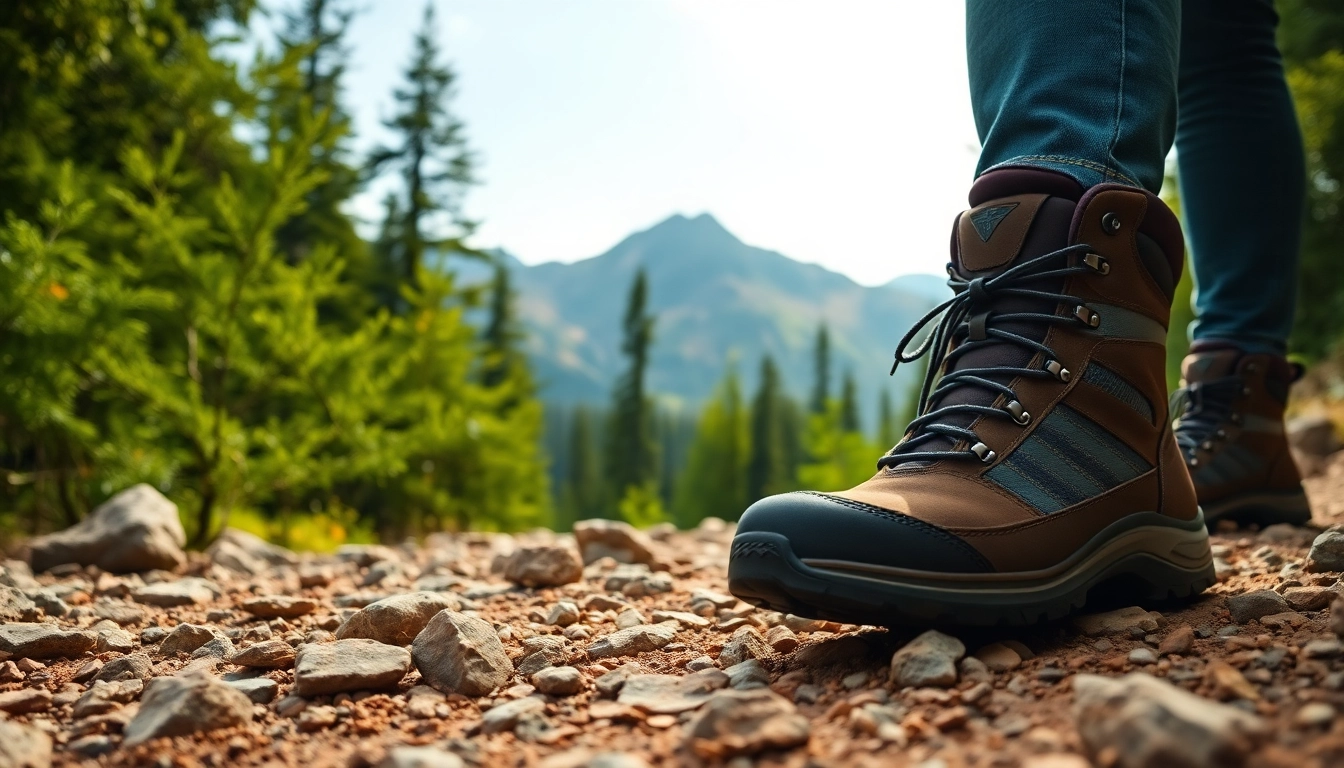 Wandelschoenen met goede ondersteuning op een onverhard pad in de natuur.
