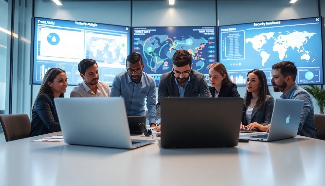 Collaborating professionals enhancing cyber security fredericksburg with modern technology in a vibrant office.