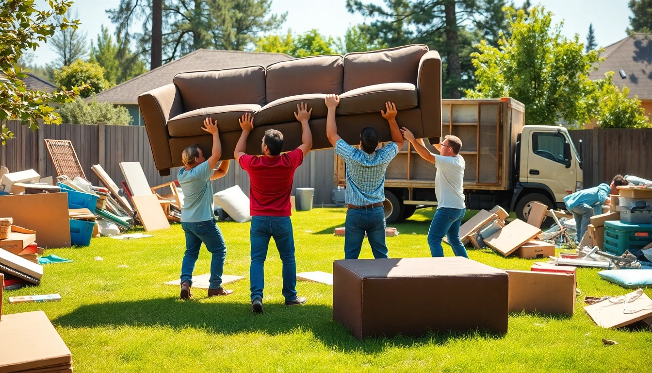 Efficient junk removal near me with a team working on furniture cleanup in a residential area.