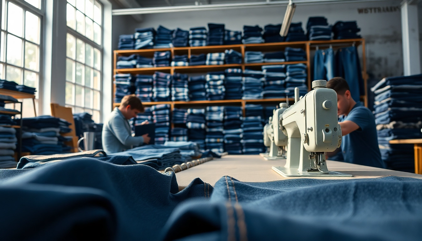 Showcase of wholesale jeans manufacturers crafting quality jeans in a vibrant workshop setting.