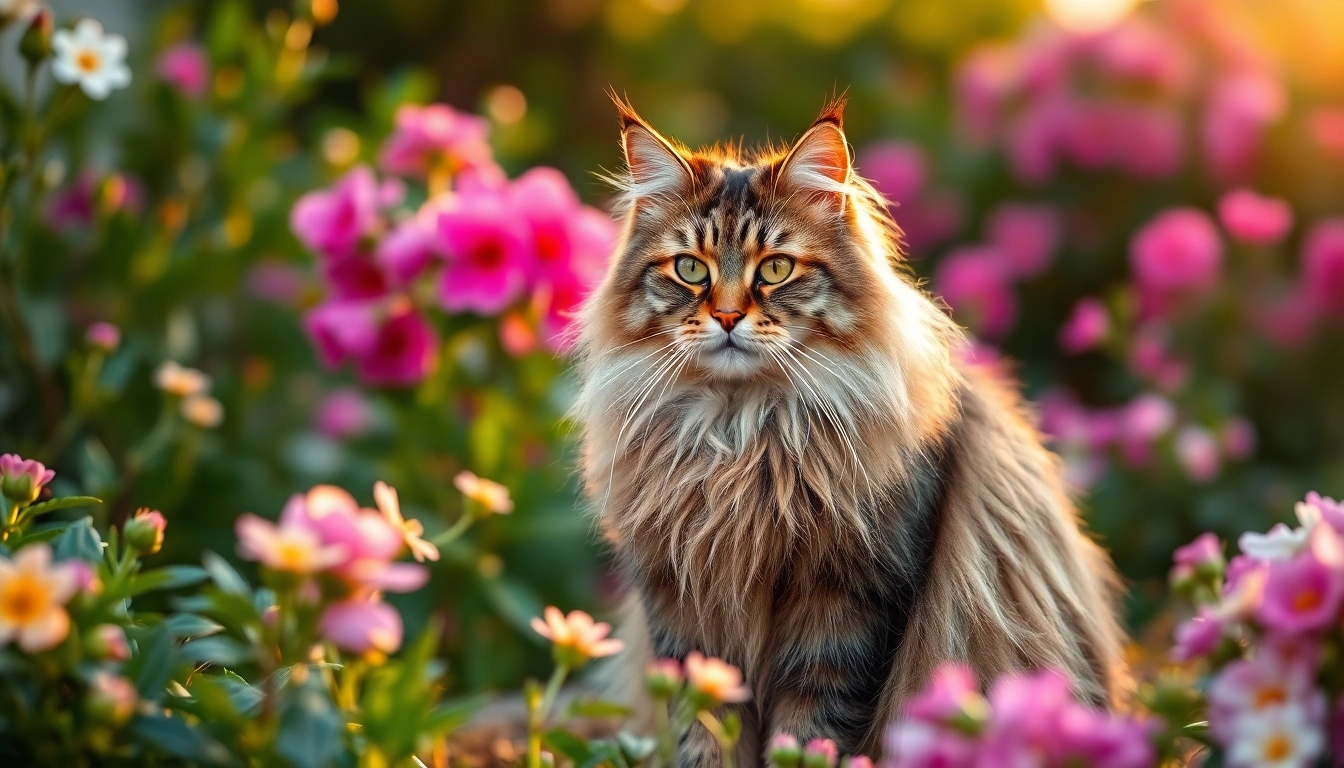 Maine Coon cats for sale Sacramento resting in a vibrant garden, highlighting their majestic features.