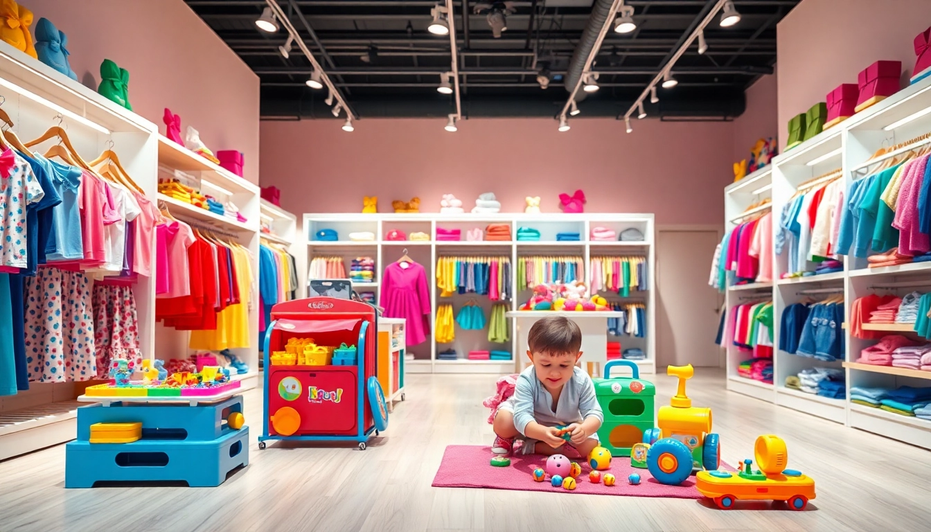 Shop at http://www.websonlinestore.com showcasing vibrant kids' clothing and toys in a bright store.