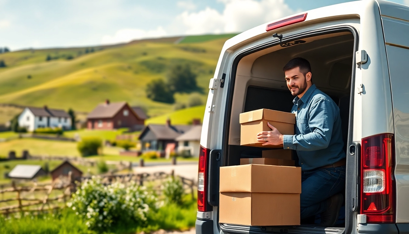 Shropshire courier driver efficiently loading parcels into a delivery van amidst a beautiful rural setting.