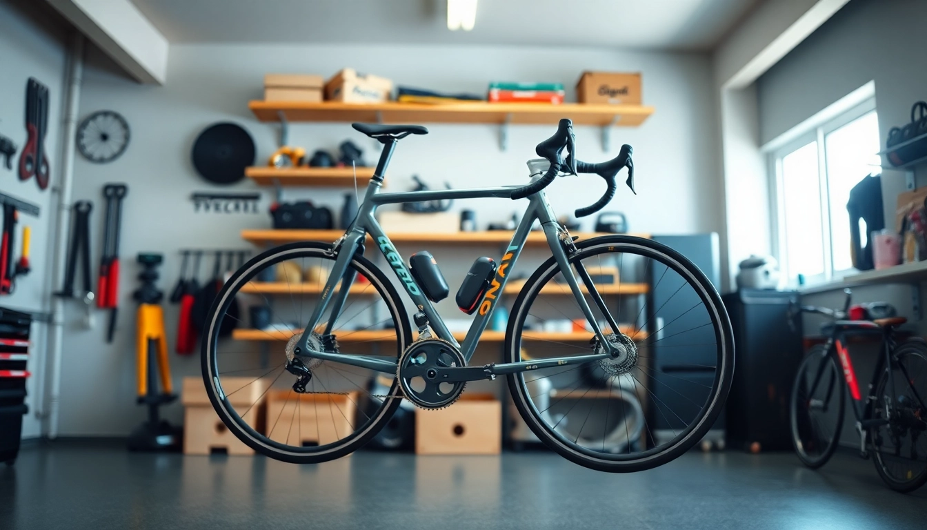 Showcase the bike wall mount holding a bicycle in a sleek garage environment.