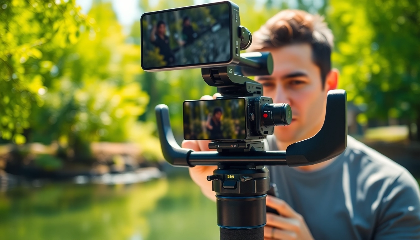 Filmmaker using a gimbal stabilizer​ to capture smooth video shots in a scenic outdoor setting.