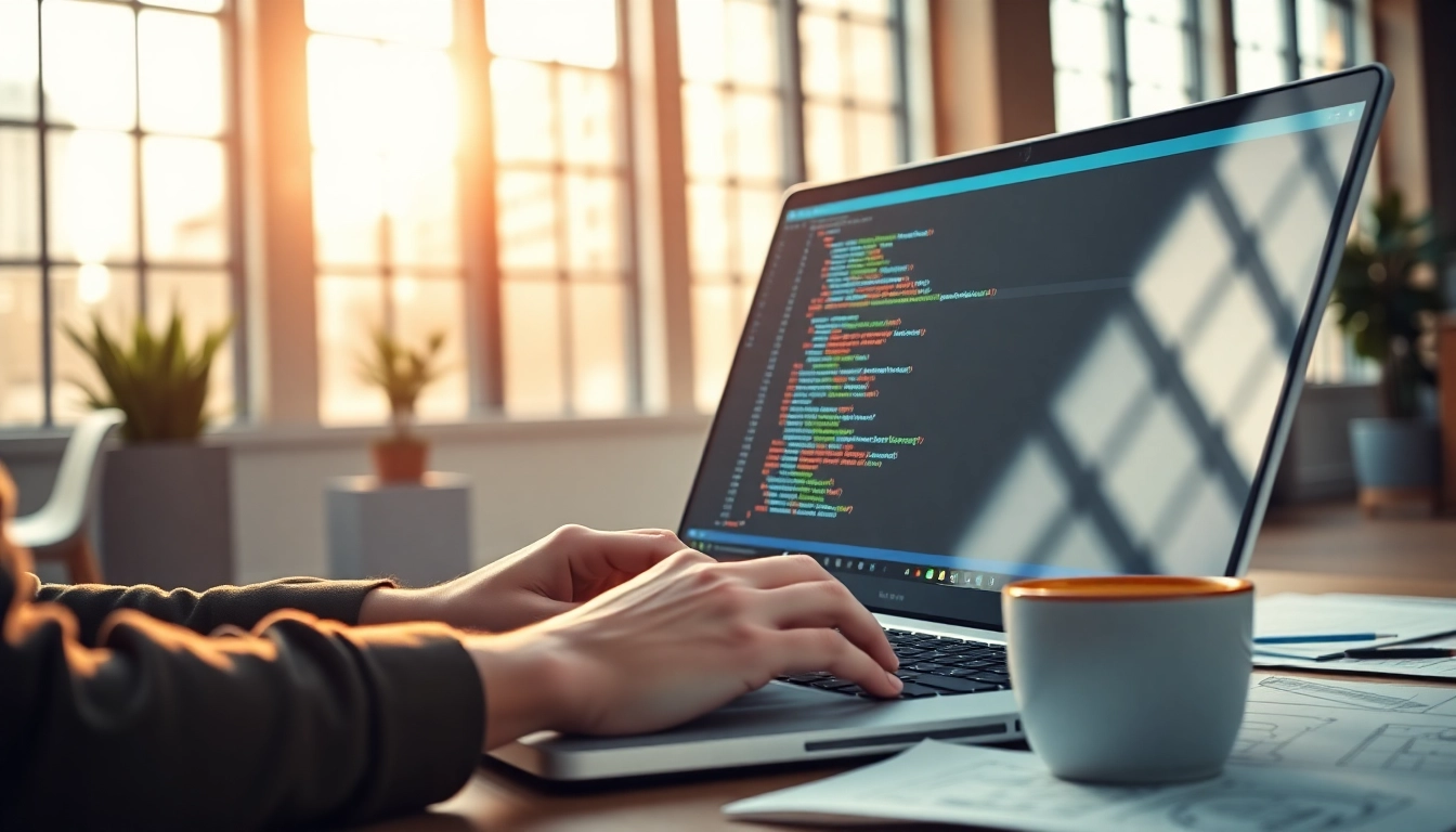 Hire a skilled wordpress developer near me collaborating on a laptop in a vibrant office setting.