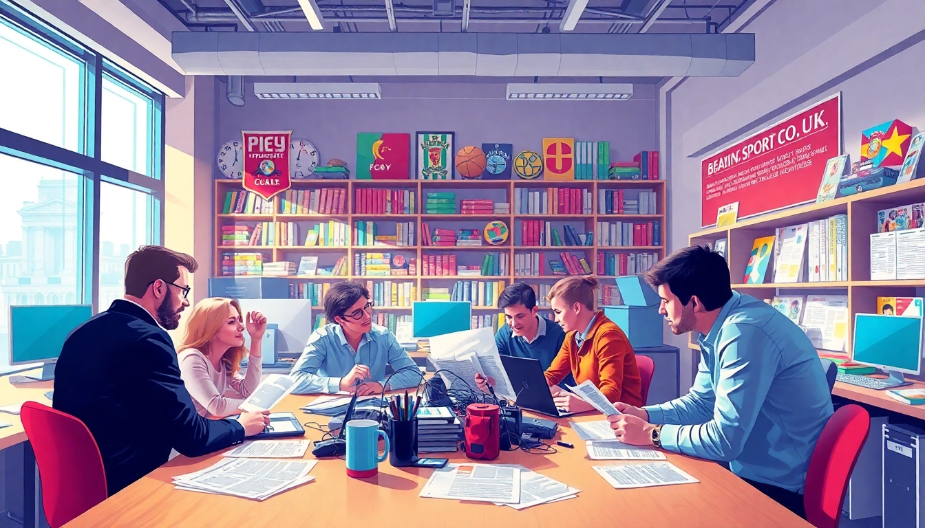 Journalists collaborating at dailysport.co.uk office with sports memorabilia and bright lighting.