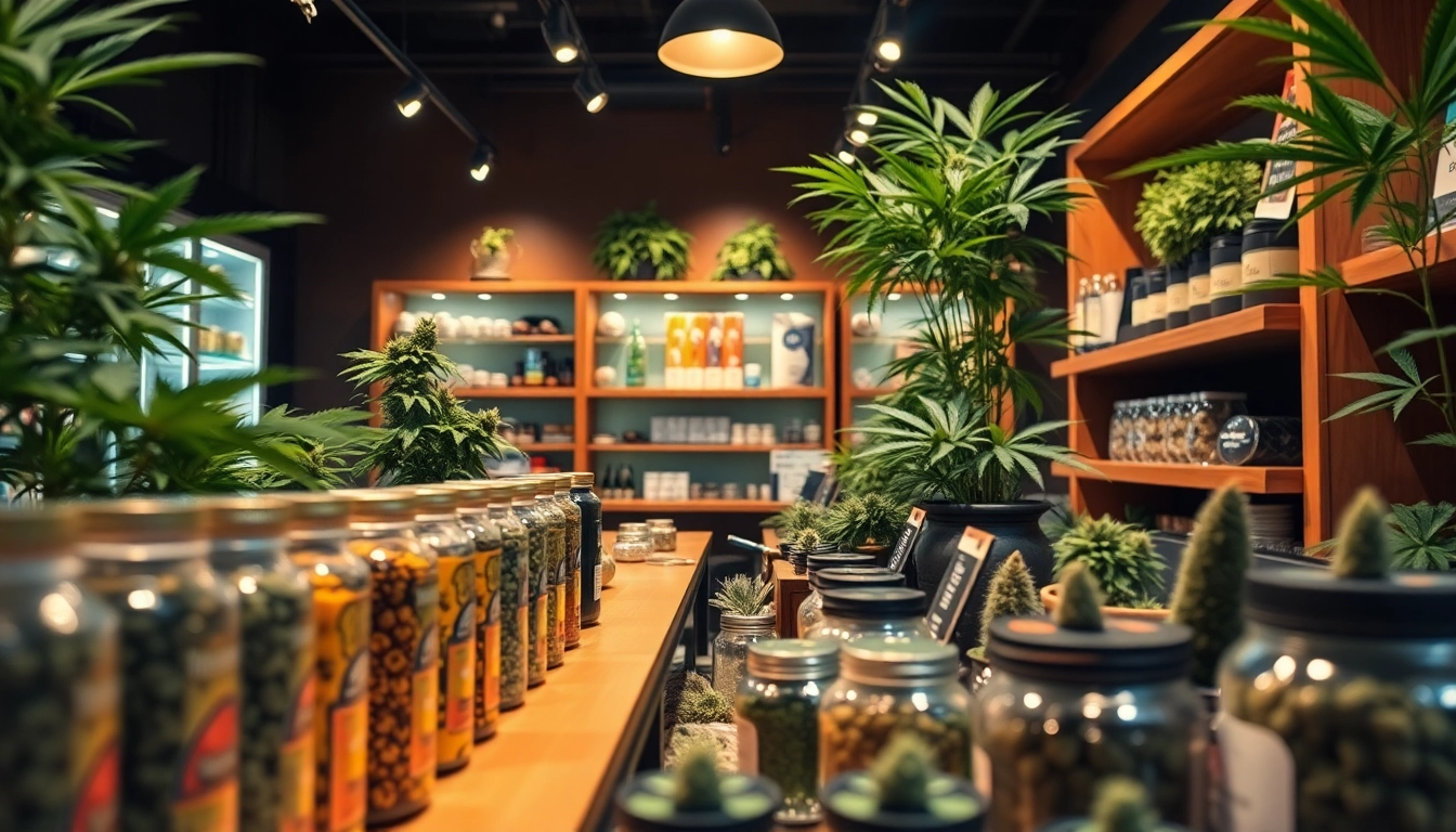 Explore where to buy weed with a vibrant selection of cannabis products in a modern dispensary.