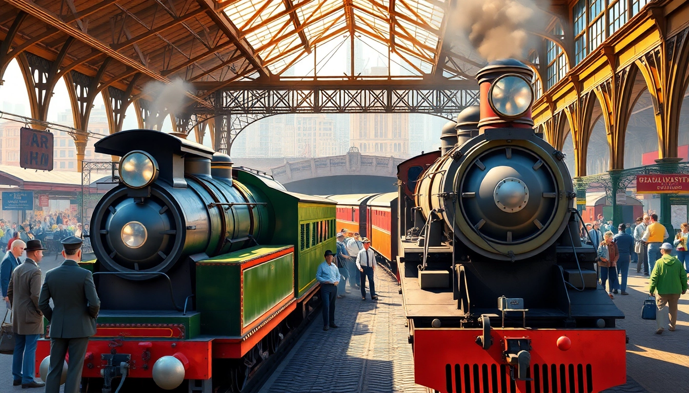 A vibrant scene of a train station with a railroad tycoon download game theme, showcasing classic locomotives and busy workers.