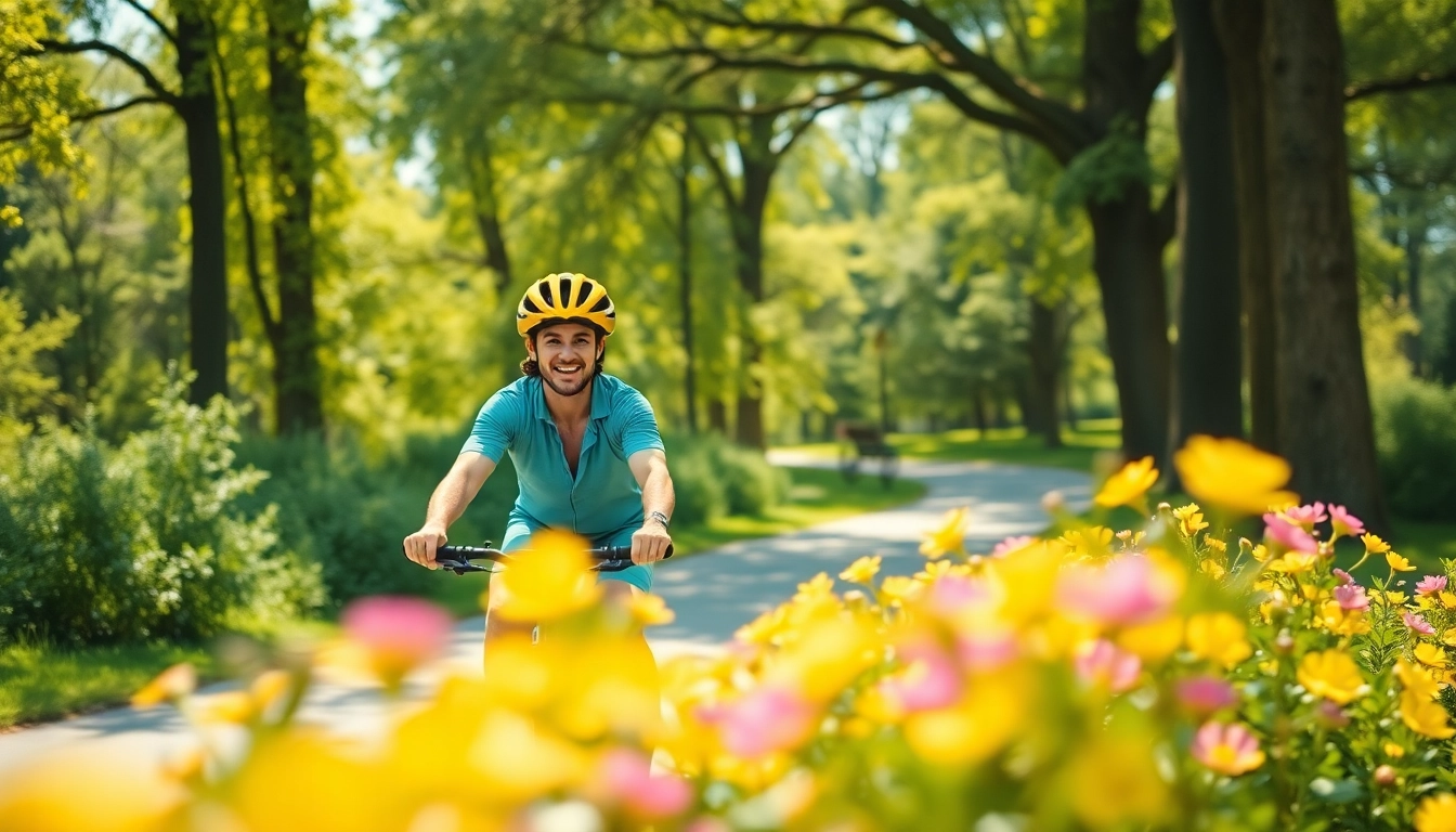 Experience the joy of a bike rental service in a scenic park with a cyclist enjoying nature.