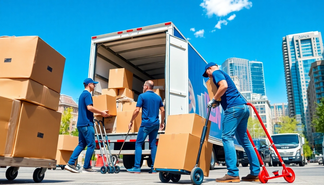 Movers Calgary efficiently loading boxes onto a moving truck in a professional urban setting.