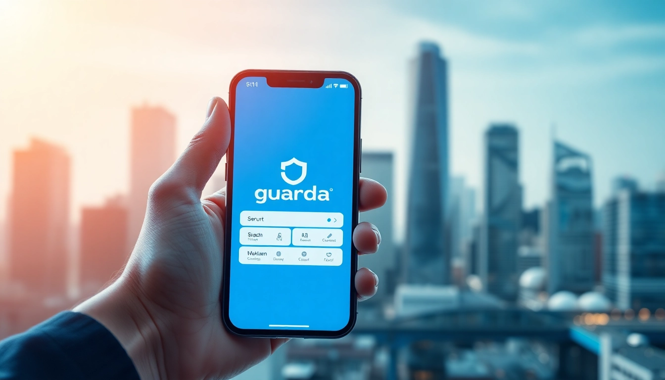 Showcase a user engaging with the guarda wallet on a smartphone against a modern cityscape.