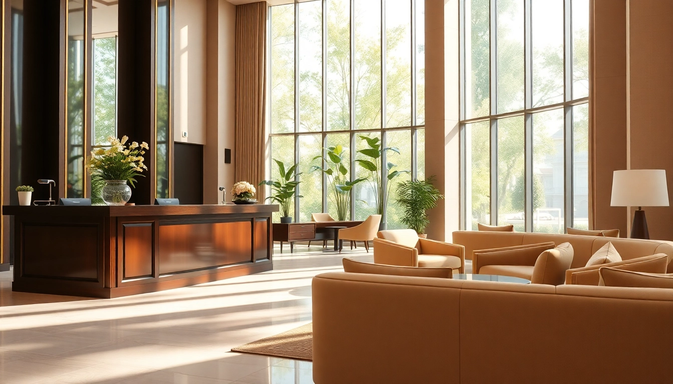 Experience a hotel lobby with elegant decor and inviting seating for guests.