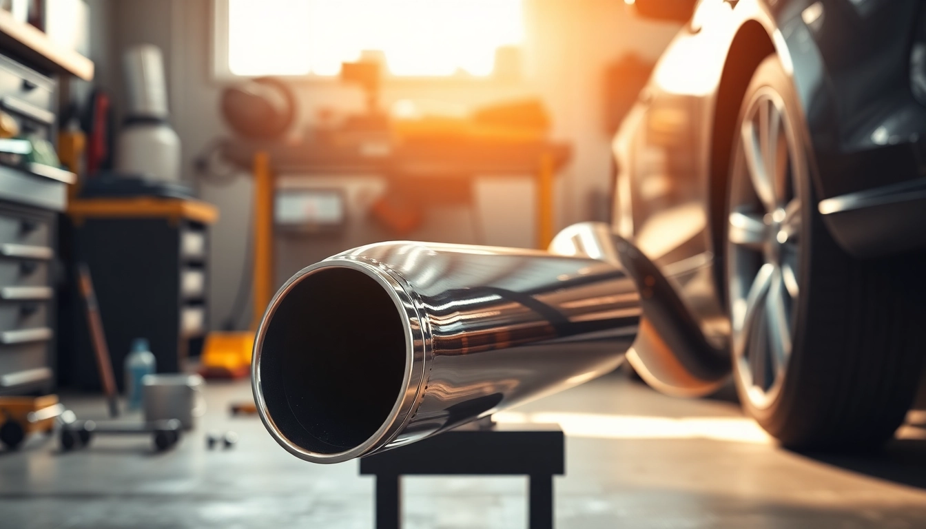 Examine a stainless steel midpipe showcasing its sleek design in an automotive workshop.