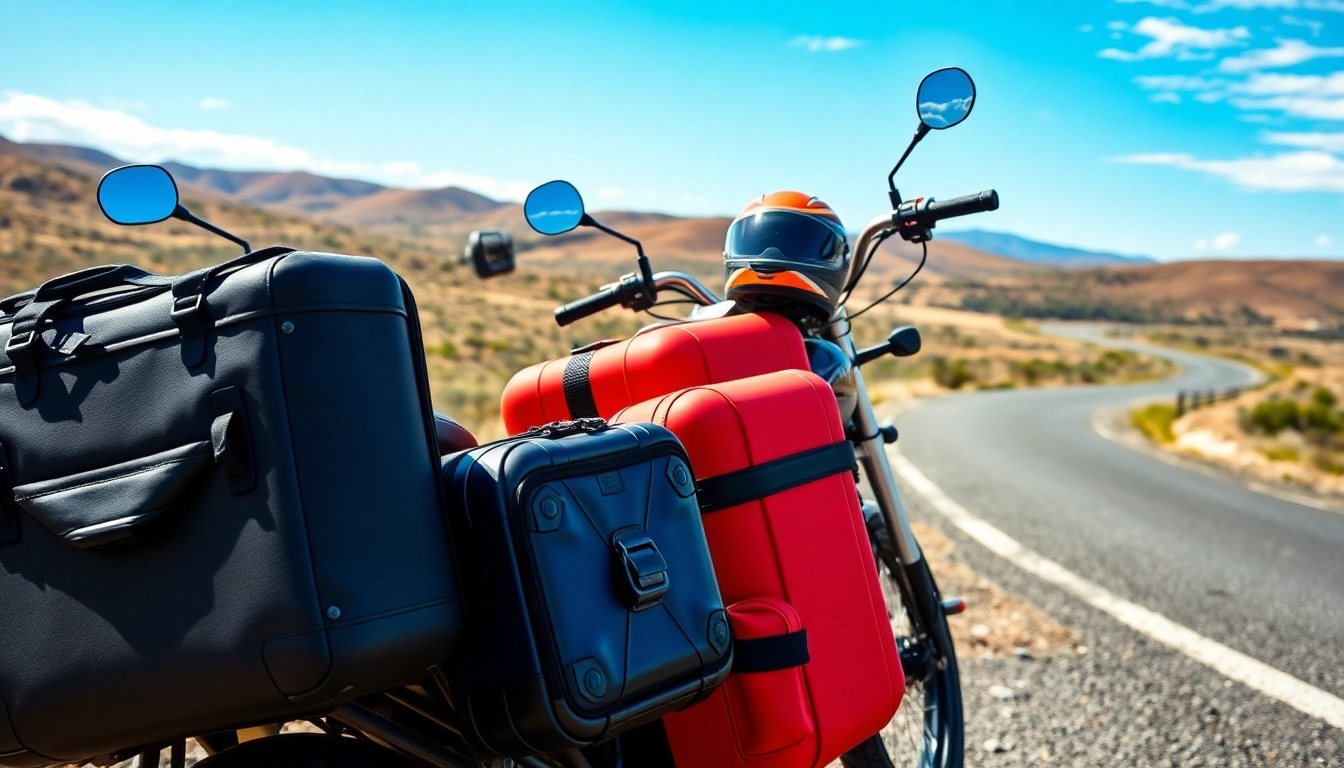 Explore motorcycle soft luggage Australia in a picturesque setting with vibrant colors and rugged details.