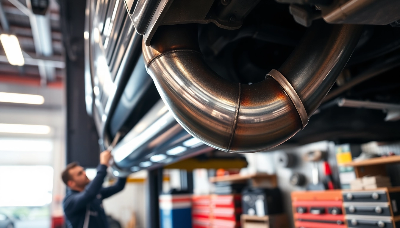 Showcasing a midpipe assembly during installation in a professional workshop setup.